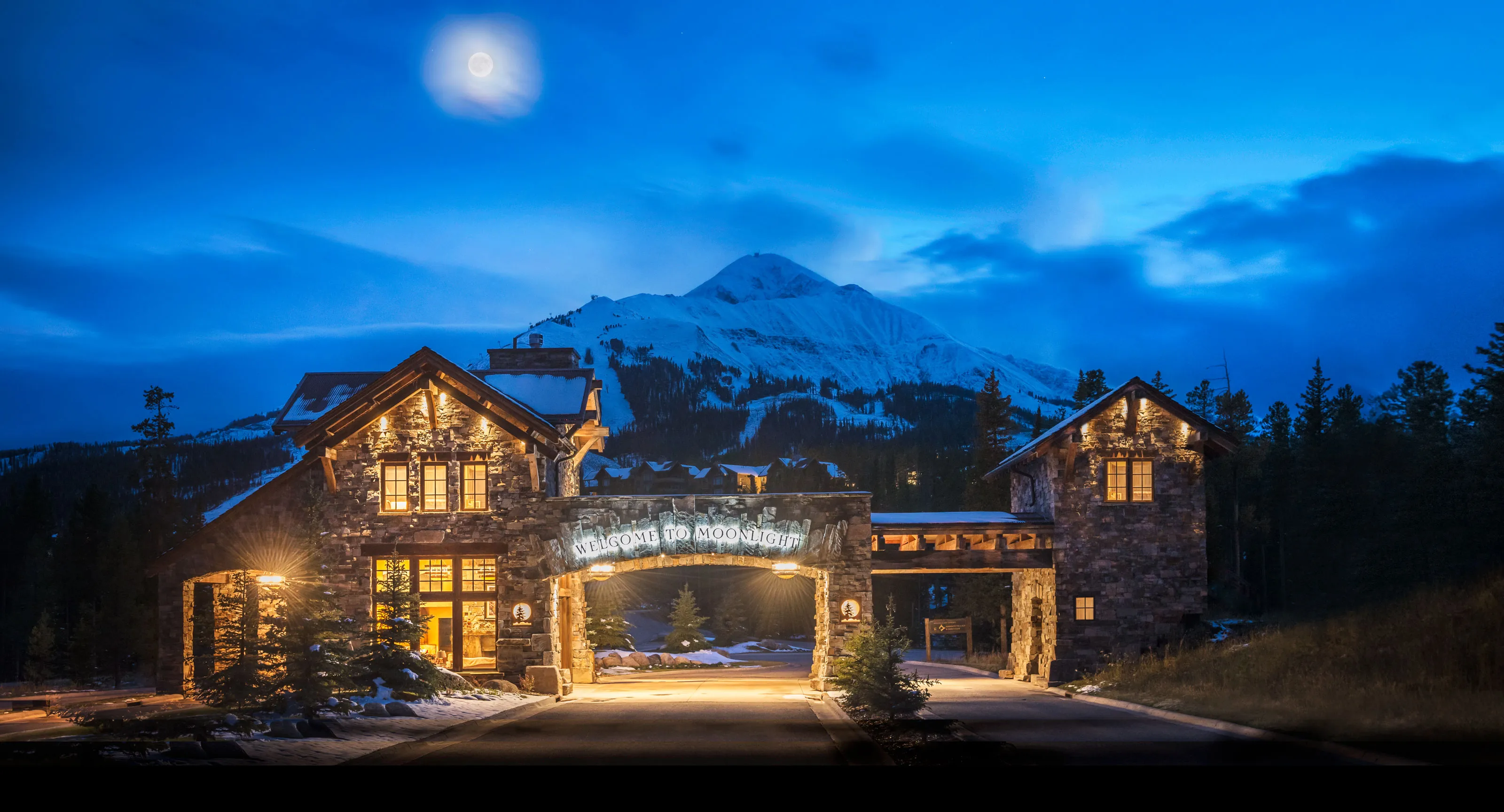Moonlight Basin entrance at night